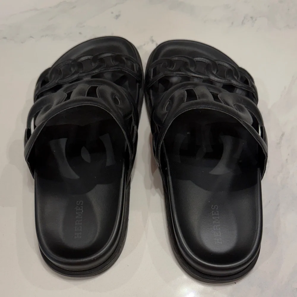 Hermès Black Double-strap Leather Slide Sandals - Picture 4 of 7